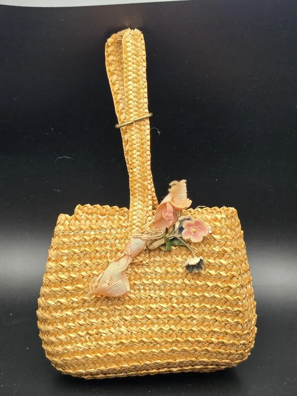Vintage woven Mini handbag artificial flowers child size